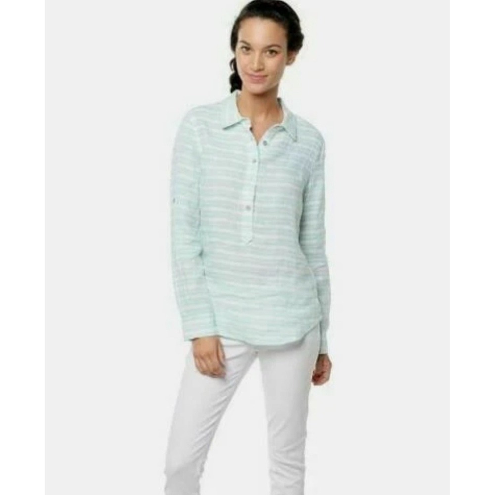 Vineyard Vines Women's 100% Linen White Blue Stripe Tunic Shirt Roll Tab Size 6